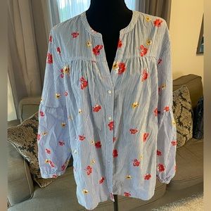 Old navy poplin, stripe and floral, button-down lantern sleeve casual top. XL